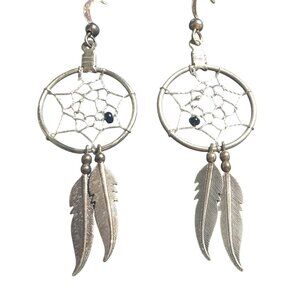 Dreamcatcher Dangle Hook Earrings Feather Charm Silver Metal Boho Tribal Style